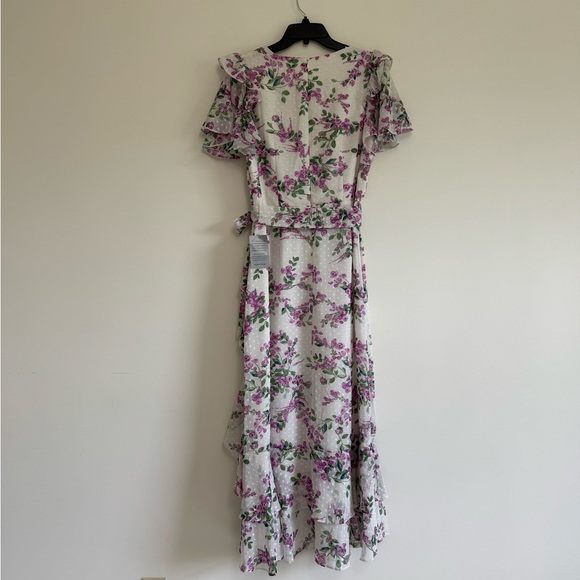 Eliza J Lilac White Floral Wrap Ruffled Tie Front Midi Dress - Picture 7 of 15